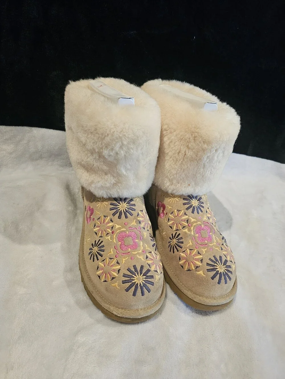 Women’s UGG Beige Floral Embroidered Suede Shearling Winter Boots